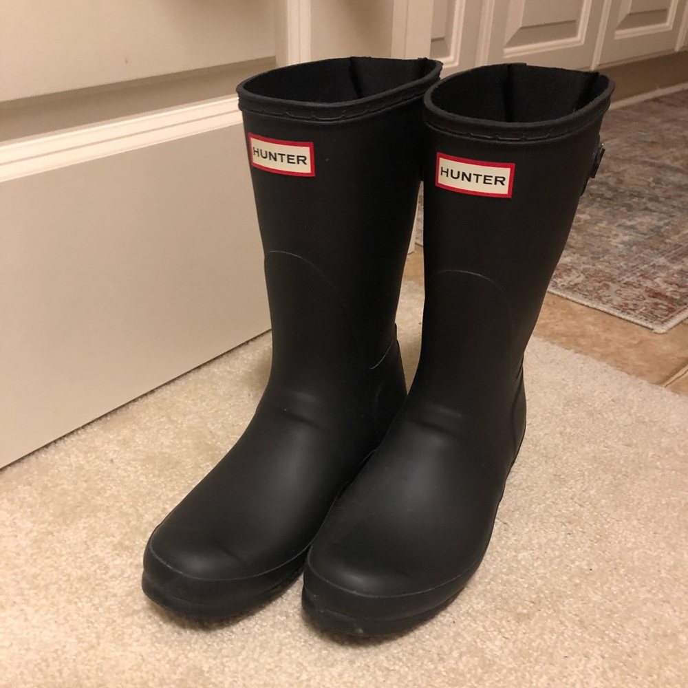Hunter Black Mid-Calf Rain Boots with Red Logo